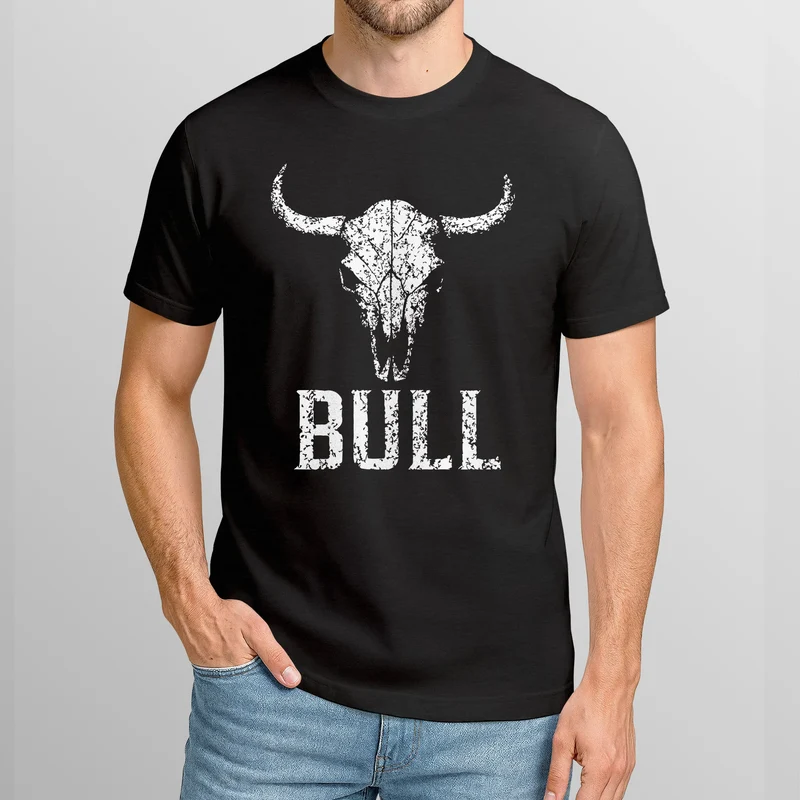 Herren T-Shirt Shirt mit Vintage Stierschädel Frontprint Schriftzug – Kurzarm Baumwollshirt – Männer Outdoor Fashion Streetwear