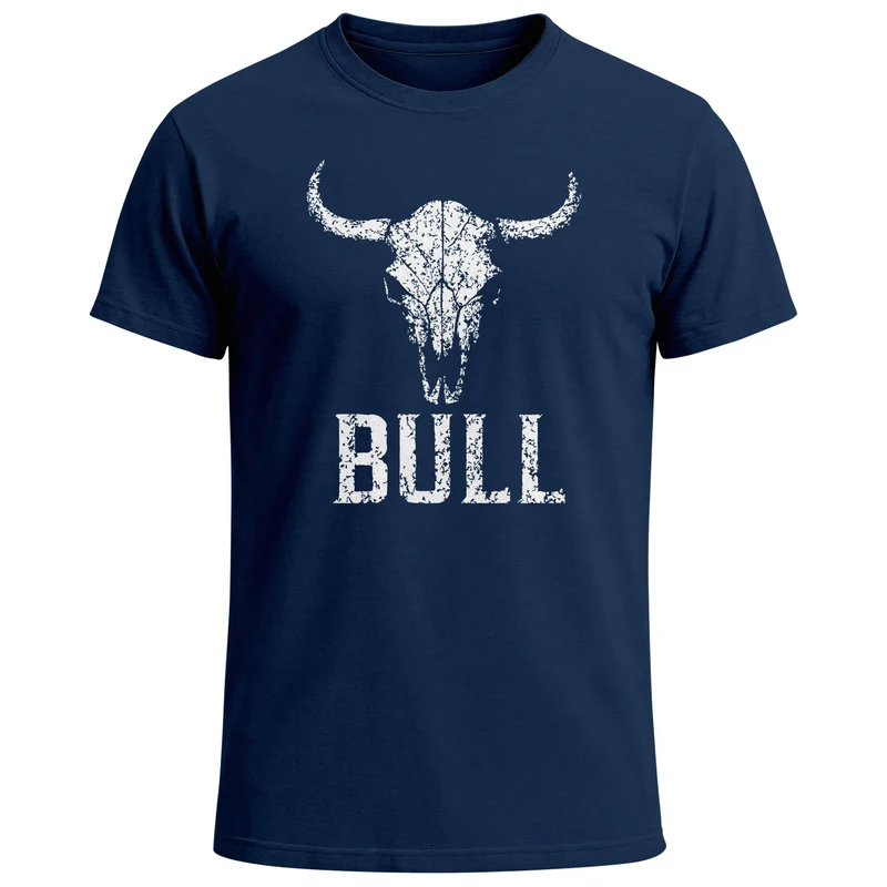 Herren T-Shirt Shirt mit Vintage Stierschädel Frontprint Schriftzug – Kurzarm Baumwollshirt – Männer Outdoor Fashion Streetwear