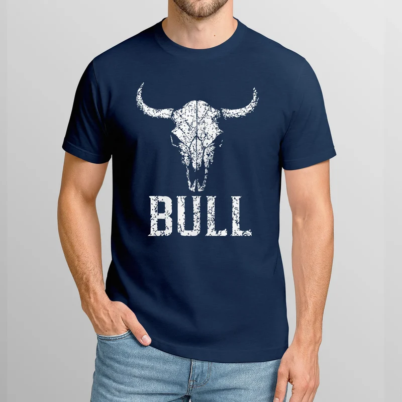 Herren T-Shirt Shirt mit Vintage Stierschädel Frontprint Schriftzug – Kurzarm Baumwollshirt – Männer Outdoor Fashion Streetwear