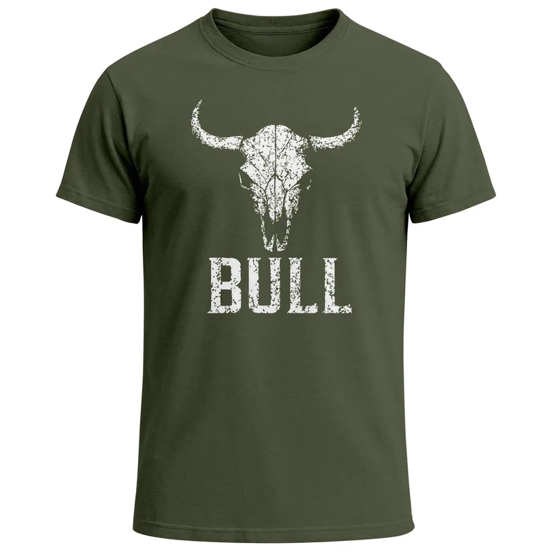 Herren T-Shirt Shirt mit Vintage Stierschädel Frontprint Schriftzug – Kurzarm Baumwollshirt – Männer Outdoor Fashion Streetwear