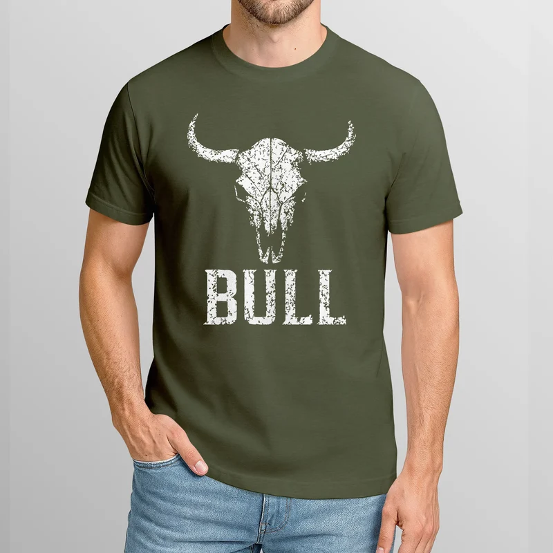 Herren T-Shirt Shirt mit Vintage Stierschädel Frontprint Schriftzug – Kurzarm Baumwollshirt – Männer Outdoor Fashion Streetwear