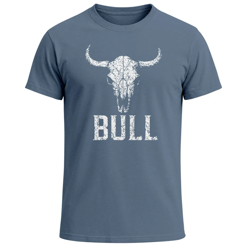 Herren T-Shirt Shirt mit Vintage Stierschädel Frontprint Schriftzug – Kurzarm Baumwollshirt – Männer Outdoor Fashion Streetwear
