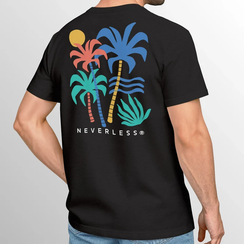 Herren T-Shirt mit buntem Palmen Print – Sommer Streetwear Grafikshirt mit farbigem Rückendruck – Urbaner Freizeit-Look