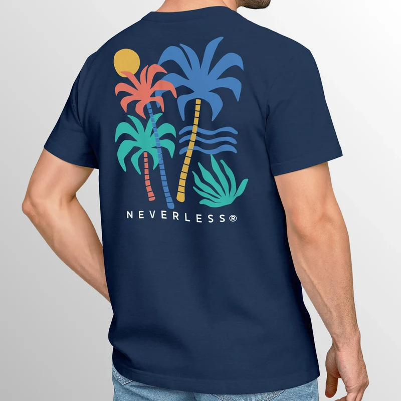 Herren T-Shirt mit buntem Palmen Print – Sommer Streetwear Grafikshirt mit farbigem Rückendruck – Urbaner Freizeit-Look