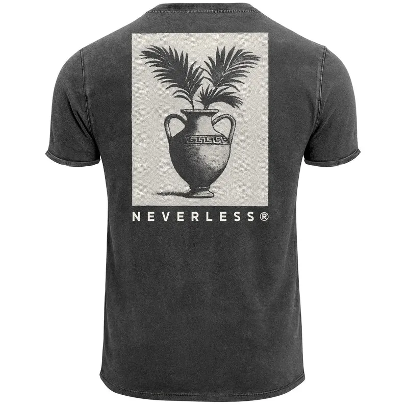 Herren Vintage T-Shirt Backprint Vase Antik Printshirt Palmwedel Palmen-Look Grafikshirt Aufdruck Used Look