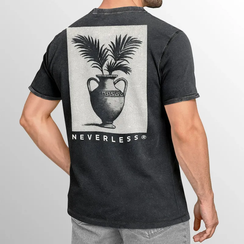 Herren Vintage T-Shirt Backprint Vase Antik Printshirt Palmwedel Palmen-Look Grafikshirt Aufdruck Used Look