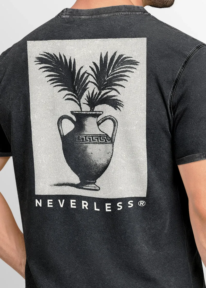 Herren Vintage T-Shirt Backprint Vase Antik Printshirt Palmwedel Palmen-Look Grafikshirt Aufdruck Used Look