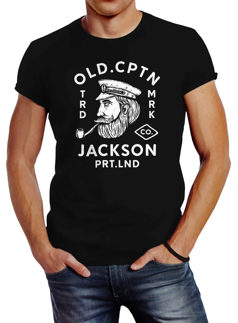 Herren T-Shirt Kapitän Motiv Aufdruck Old Cptn Jackson Retro Print-Shirt