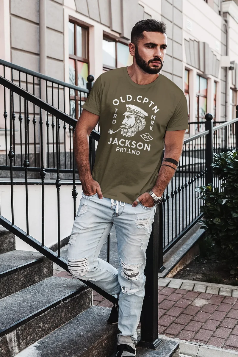 Herren T-Shirt Kapitän Motiv Aufdruck Old Cptn Jackson Retro Print-Shirt