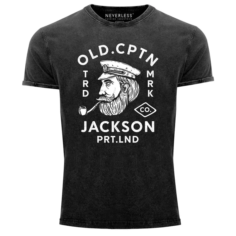 Herren Vintage Shirt Kapitän Motiv Aufdruck Old Cptn Jackson Retro Printshirt Used Look Slim Fit
