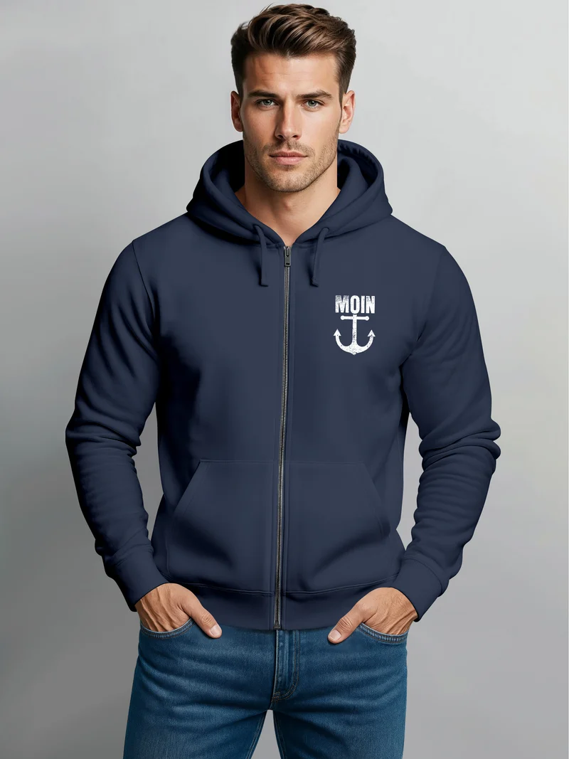 Zip-Hoodie Herren Sweatjacke mit Kapuze Moin Nordisch Anker Print Zipjacke Männer Fashion Streetstyle