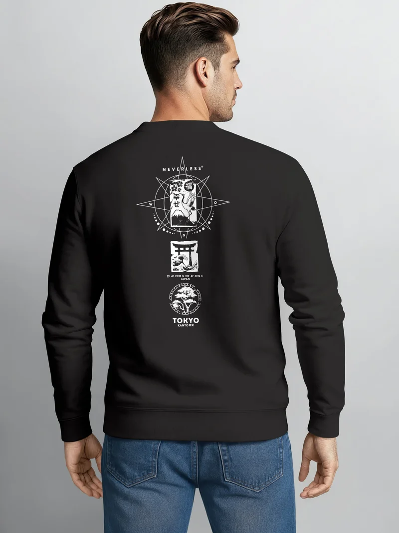 Sweatshirt Herren Pullover mit Backprint Japan Asien Symbole Fashion Sweater Männer Streetwear