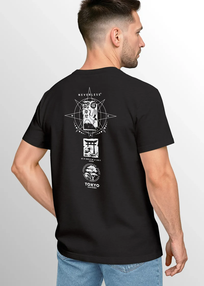 Backprint T-Shirt Herren Tokyo Japan Asien Symbole Kranich Welle Bonsai Printshirt Männer Fashion Streetstyle
