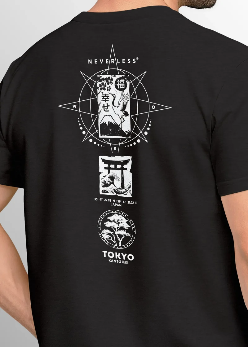 Backprint T-Shirt Herren Tokyo Japan Asien Symbole Kranich Welle Bonsai Printshirt Männer Fashion Streetstyle