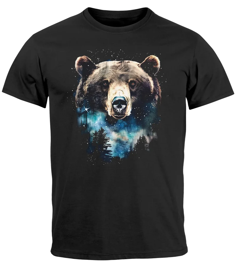 Herren T-Shirt mit Frontprint Bär Sterne Wildnis Motiv Outdoor Aufdruck Fashion Streetstyle