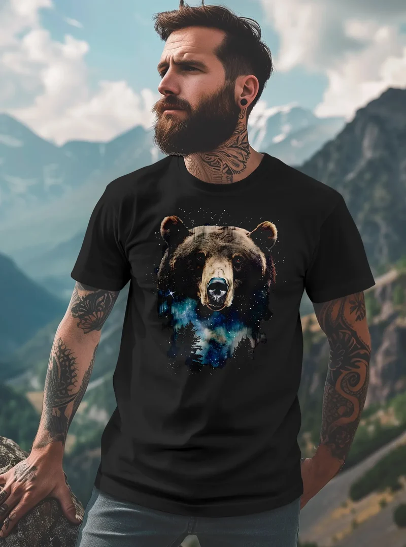 Herren T-Shirt mit Frontprint Bär Sterne Wildnis Motiv Outdoor Aufdruck Fashion Streetstyle