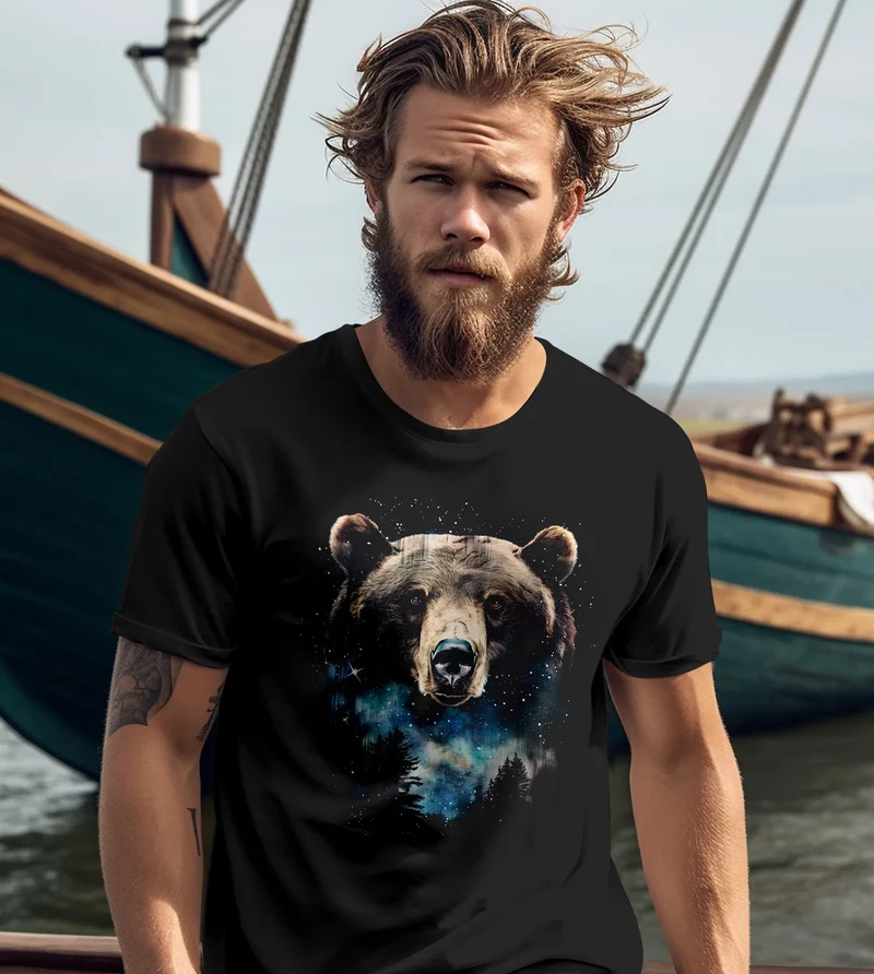 Herren T-Shirt mit Frontprint Bär Sterne Wildnis Motiv Outdoor Aufdruck Fashion Streetstyle