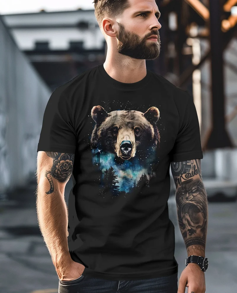 Herren T-Shirt mit Frontprint Bär Sterne Wildnis Motiv Outdoor Aufdruck Fashion Streetstyle