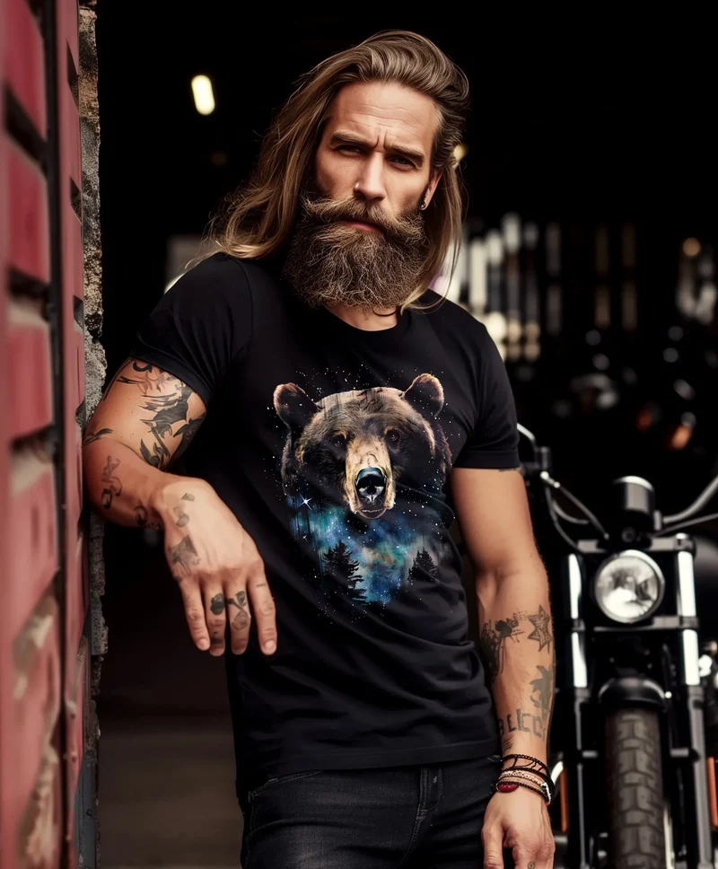 Herren T-Shirt mit Frontprint Bär Sterne Wildnis Motiv Outdoor Aufdruck Fashion Streetstyle