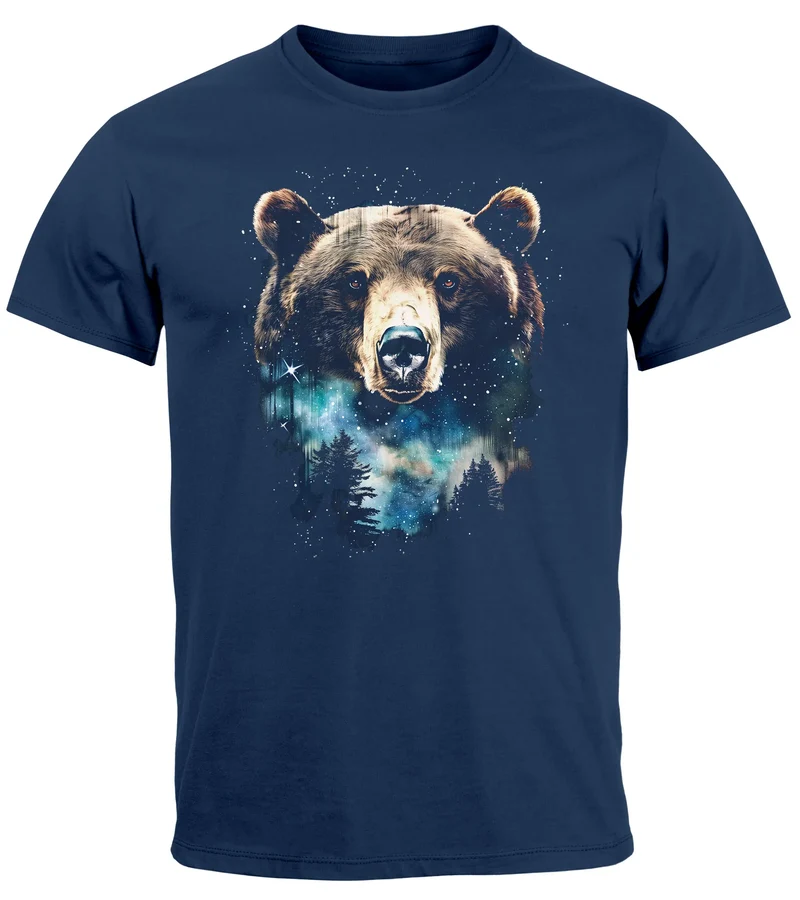 Herren T-Shirt mit Frontprint Bär Sterne Wildnis Motiv Outdoor Aufdruck Fashion Streetstyle