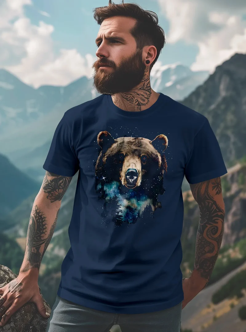 Herren T-Shirt mit Frontprint Bär Sterne Wildnis Motiv Outdoor Aufdruck Fashion Streetstyle