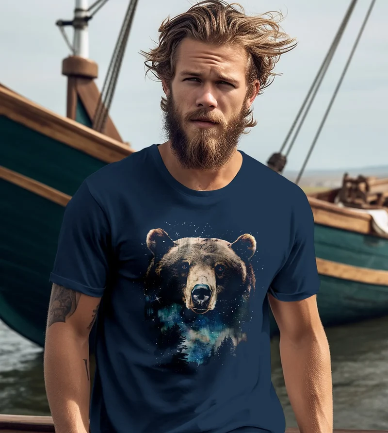 Herren T-Shirt mit Frontprint Bär Sterne Wildnis Motiv Outdoor Aufdruck Fashion Streetstyle