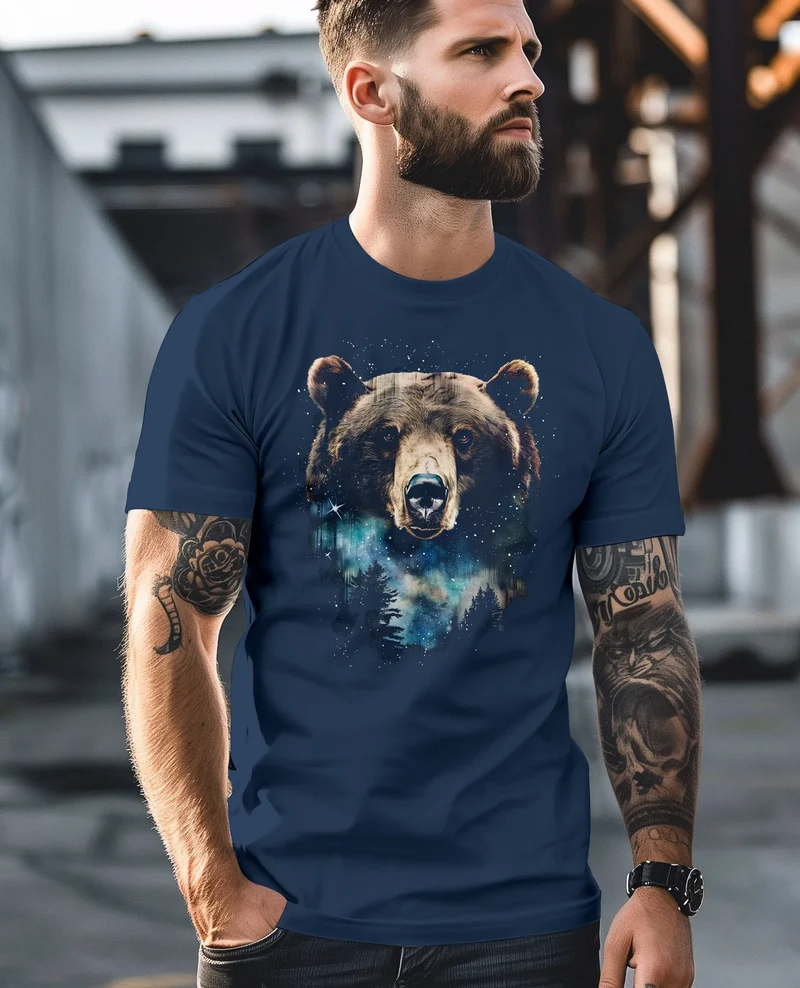 Herren T-Shirt mit Frontprint Bär Sterne Wildnis Motiv Outdoor Aufdruck Fashion Streetstyle