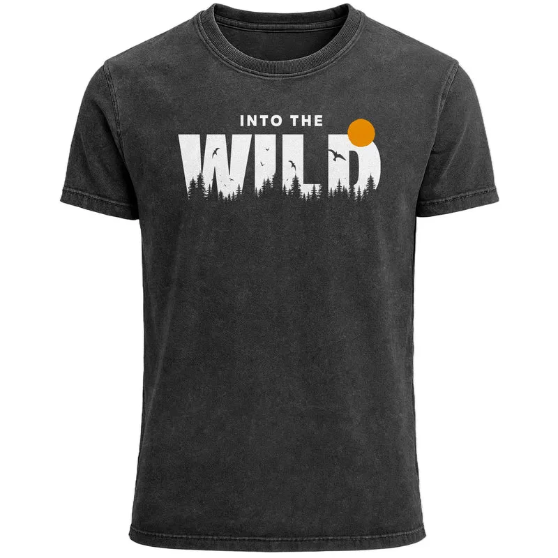 Herren Vintage Shirt Into the Wild Printshirt Grafikshirt Outdoor Abenteuer Aufdruck Used Look