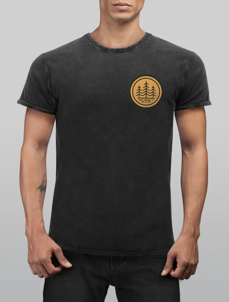 Herren Vintage Shirt Wald Bäume Logo Badge Naturliebhaber Outdoor Fashion Streetstyle