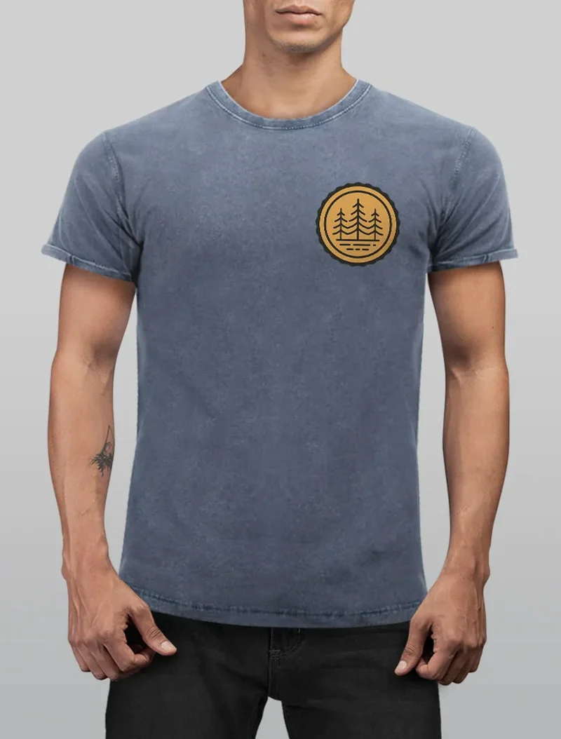Herren Vintage Shirt Wald Bäume Logo Badge Naturliebhaber Outdoor Fashion Streetstyle