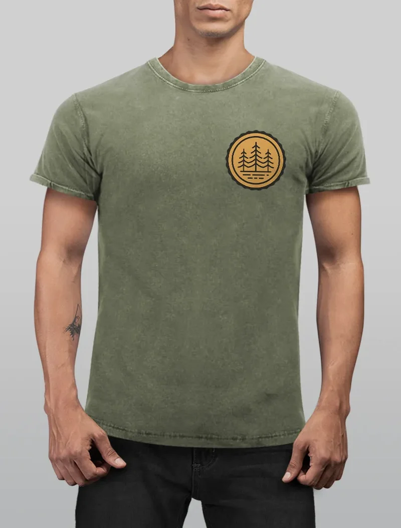 Herren Vintage Shirt Wald Bäume Logo Badge Naturliebhaber Outdoor Fashion Streetstyle