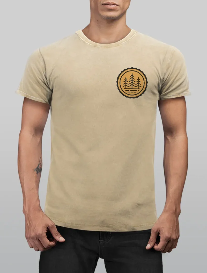 Herren Vintage Shirt Wald Bäume Logo Badge Naturliebhaber Outdoor Fashion Streetstyle