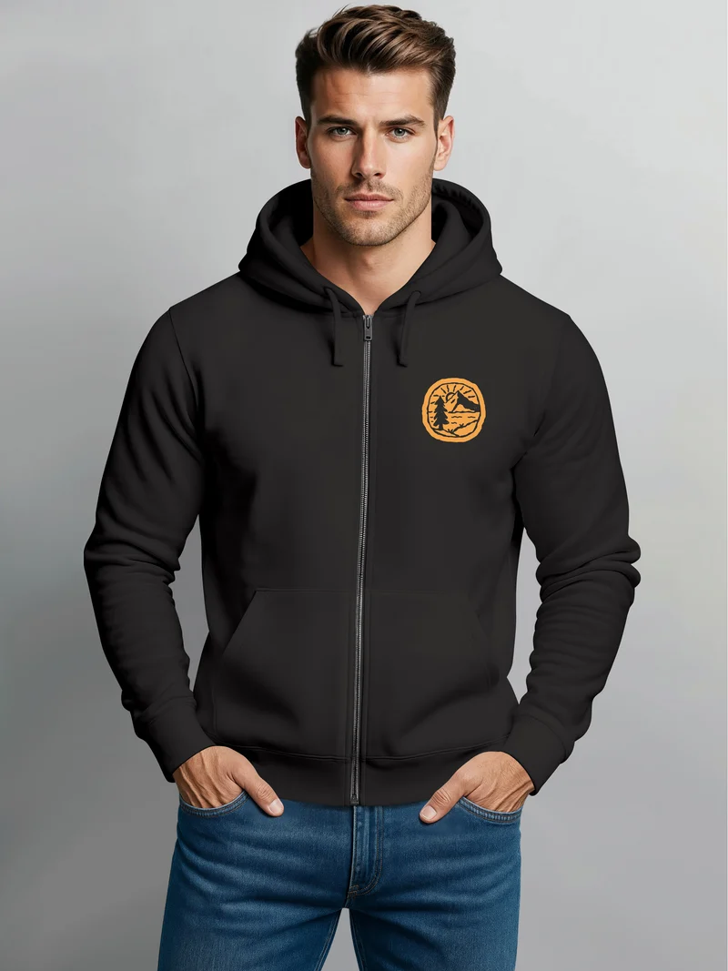 Zip Hoodie Herren Print Outdoor Logo Bäume Wald Sweatjacke mit Kapuze Zipjacke Männer Fashion Streetstyle