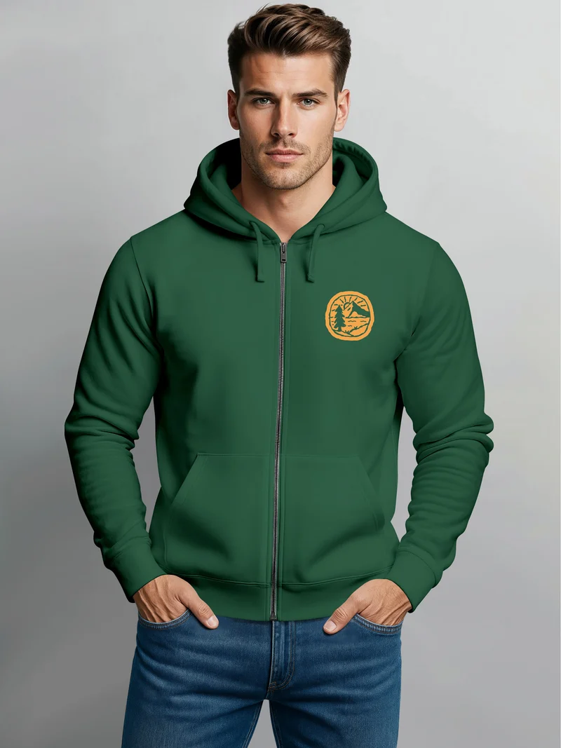 Zip Hoodie Herren Print Outdoor Logo Bäume Wald Sweatjacke mit Kapuze Zipjacke Männer Fashion Streetstyle