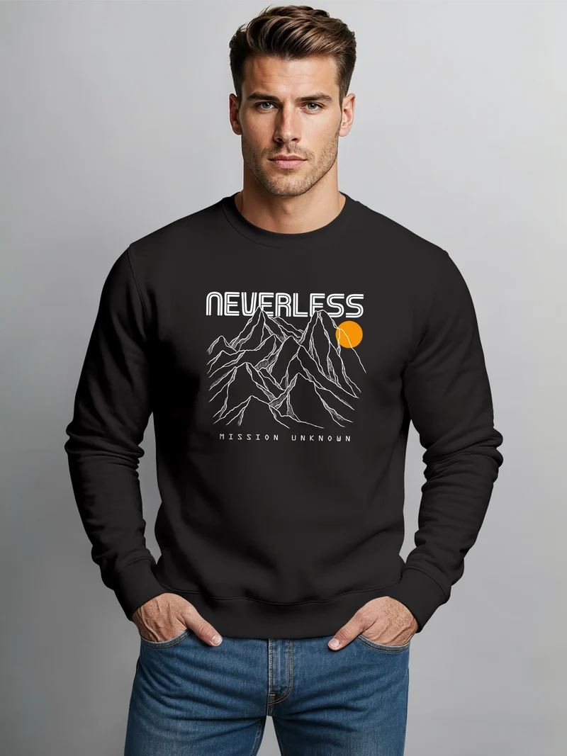 Sweatshirt Herren Mountain Berge Frontprint Pullover mit Print Mission Unknown Schriftzug Fashion Streetwear
