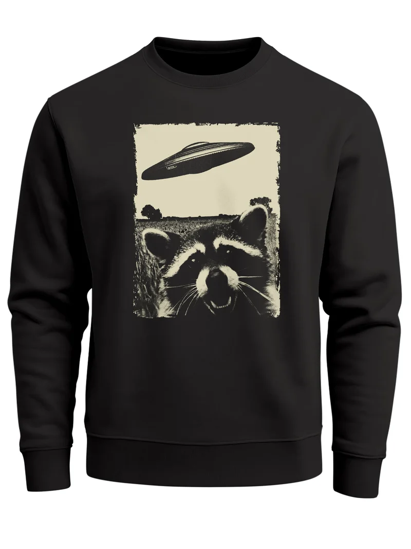 Sweatshirt Herren Frontprint Pullover mit Print Ufo Katze Scifi Fashion Streetwear