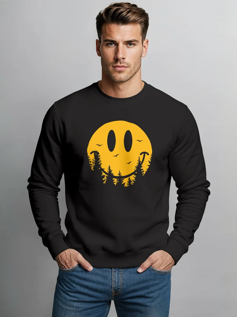 Sweatshirt Herren Frontprint Pullover mit Smile Print Outdoor Fashion Streetwear Aufdruck Grafik Pulli