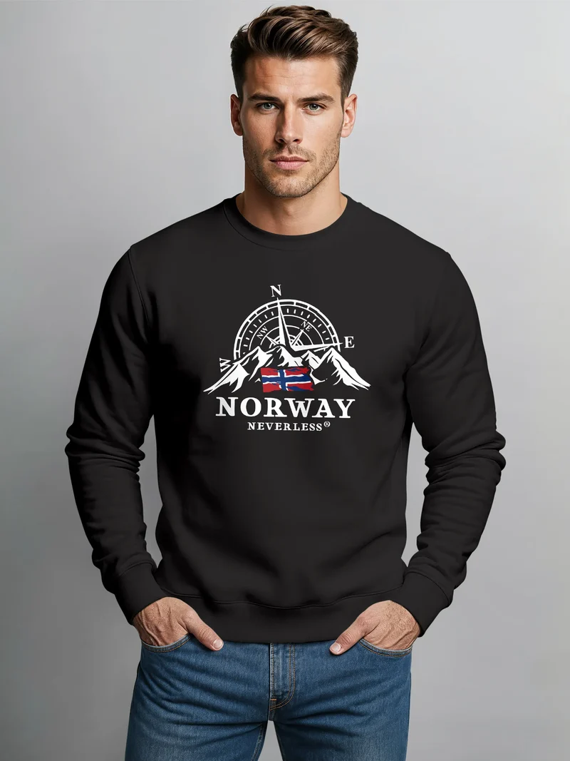 Sweatshirt Herren Frontprint Pullover mit Print Norway Flag Outdoor Kompass Design Adventure Fashion Streetwear