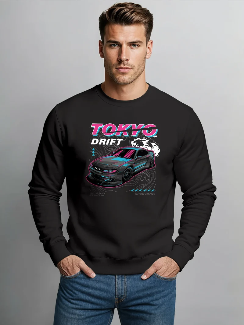 Sweatshirt Herren Frontprint Tokyo Drift Pullover mit Print Asien Racing Car Tuning Fashion Streetwear