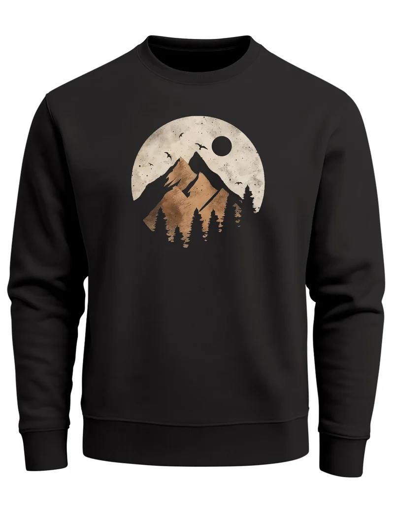 Sweatshirt Herren ohne Kapuze Frontprint mit Berg und Sonne – Outdoor Streetwear Männer Fashion
