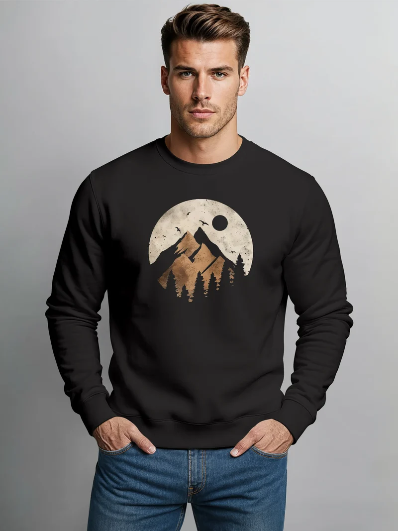 Sweatshirt Herren ohne Kapuze Frontprint mit Berg und Sonne – Outdoor Streetwear Männer Fashion