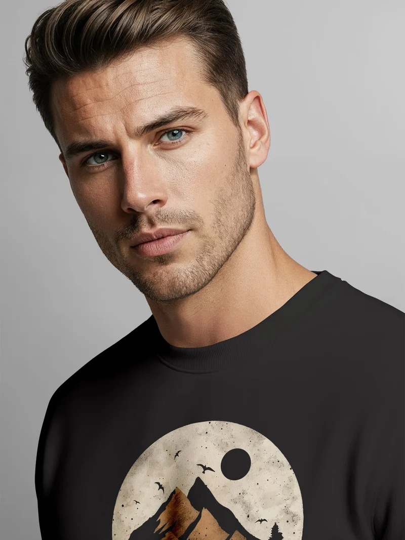 Sweatshirt Herren ohne Kapuze Frontprint mit Berg und Sonne – Outdoor Streetwear Männer Fashion