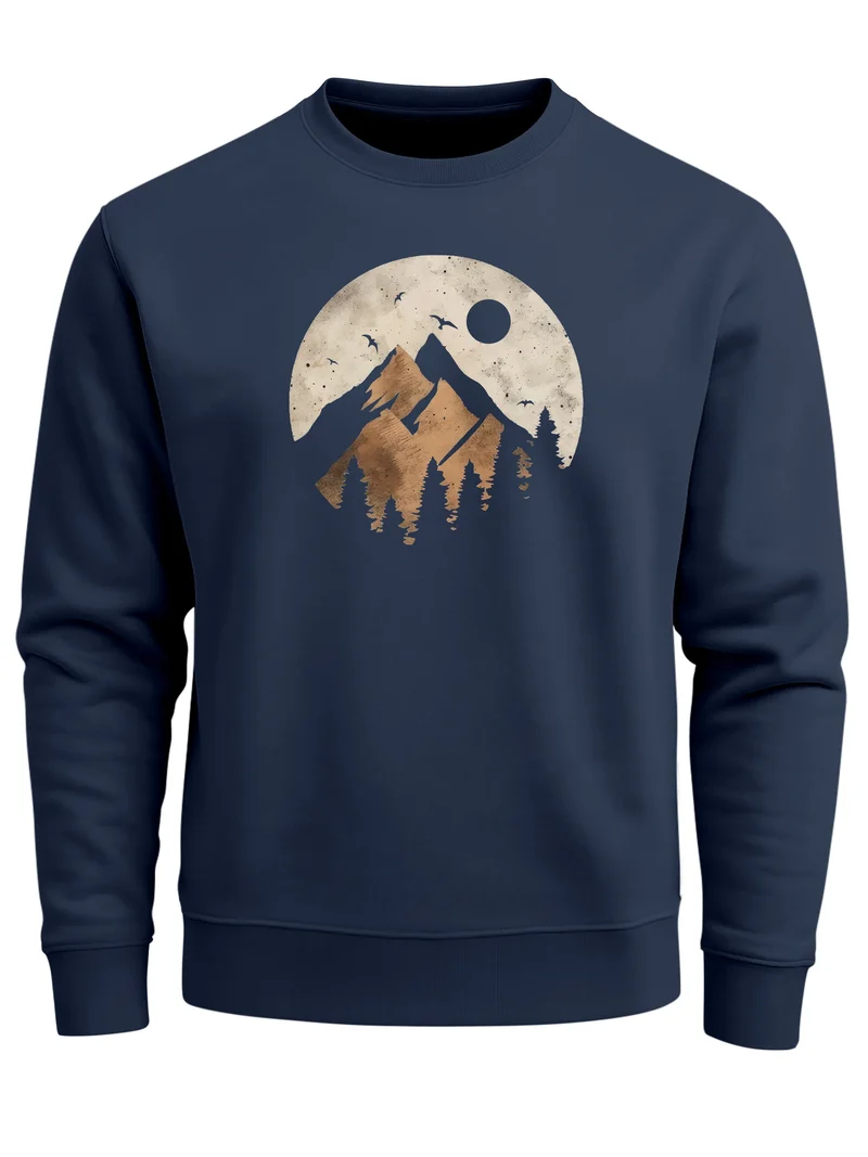 Sweatshirt Herren ohne Kapuze Frontprint mit Berg und Sonne – Outdoor Streetwear Männer Fashion