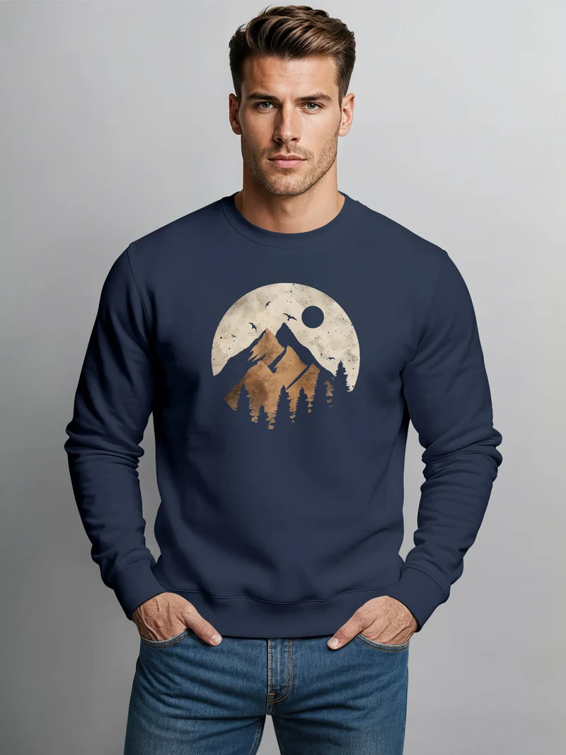Sweatshirt Herren ohne Kapuze Frontprint mit Berg und Sonne – Outdoor Streetwear Männer Fashion