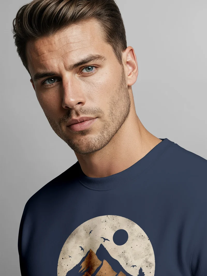 Sweatshirt Herren ohne Kapuze Frontprint mit Berg und Sonne – Outdoor Streetwear Männer Fashion