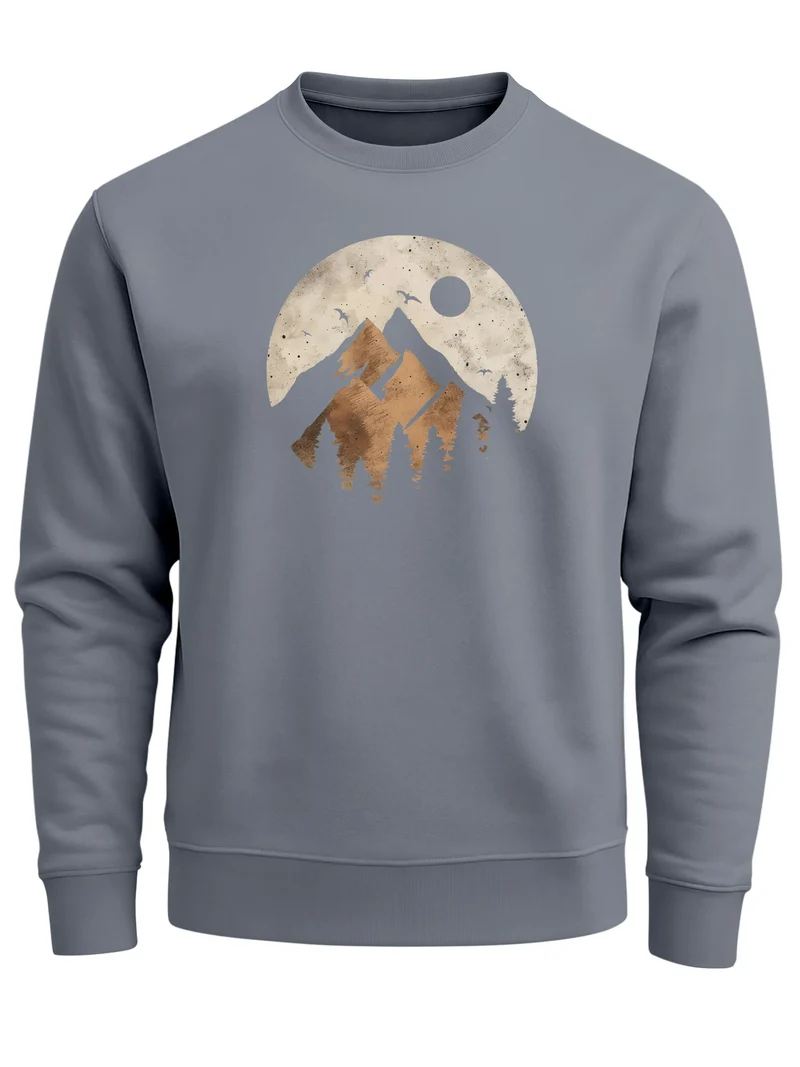Sweatshirt Herren ohne Kapuze Frontprint mit Berg und Sonne – Outdoor Streetwear Männer Fashion