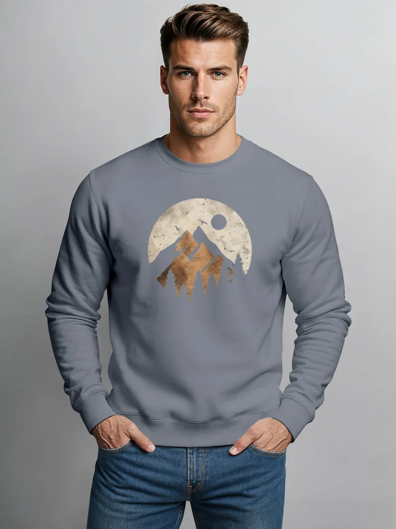 Sweatshirt Herren ohne Kapuze Frontprint mit Berg und Sonne – Outdoor Streetwear Männer Fashion