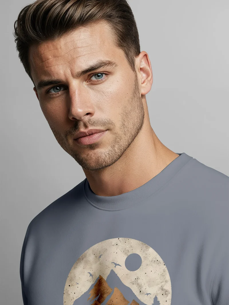 Sweatshirt Herren ohne Kapuze Frontprint mit Berg und Sonne – Outdoor Streetwear Männer Fashion