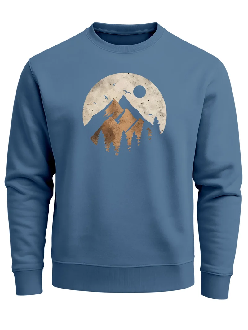 Sweatshirt Herren ohne Kapuze Frontprint mit Berg und Sonne – Outdoor Streetwear Männer Fashion
