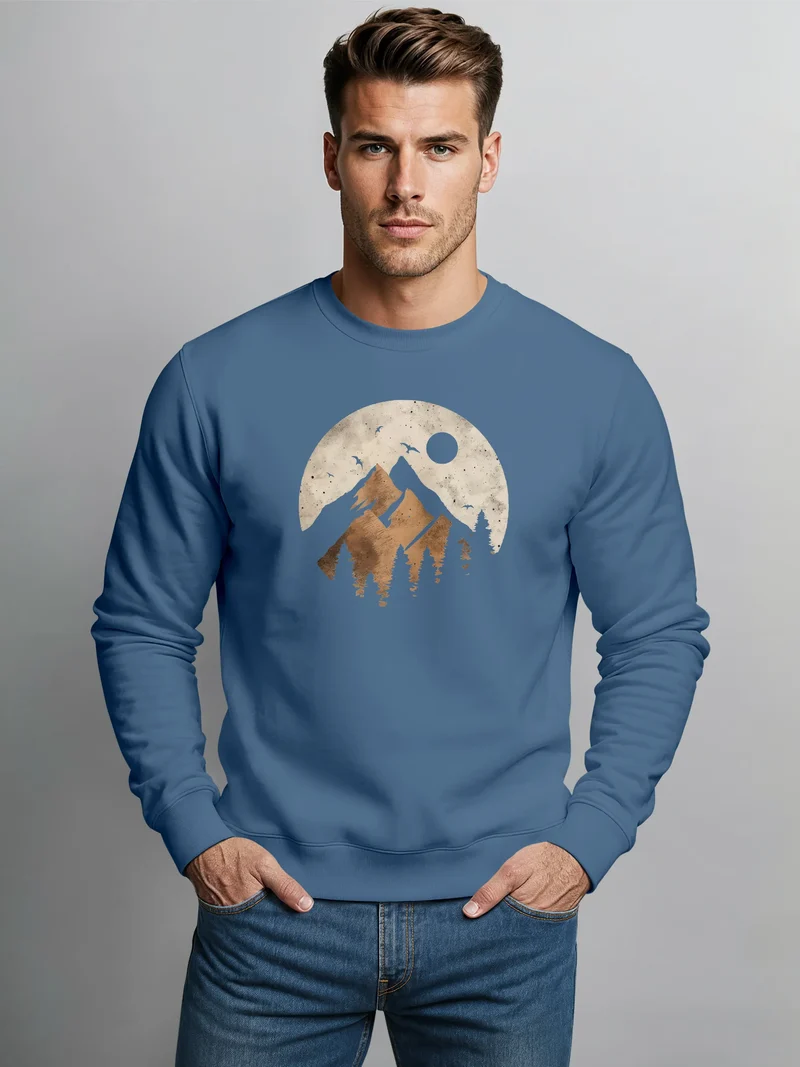 Sweatshirt Herren ohne Kapuze Frontprint mit Berg und Sonne – Outdoor Streetwear Männer Fashion